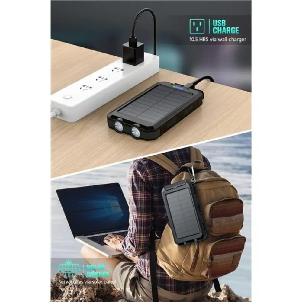 Solar Power Bank - 36800mAh Portable Charger Dual USB Port, Black
